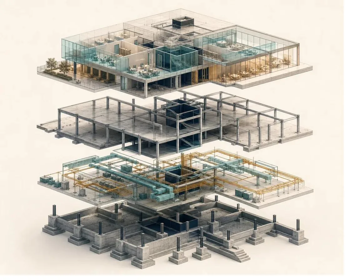 Maquette BIM éclatée par corps d'état : architecture, structure, fluides et fondations